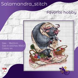 favorite hobby, a man knits, cross-stitch, bull, salamandra stitch
