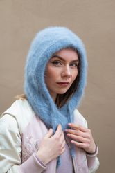 angora fluffy hood. blue wool balaclava