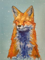 original oil painting snow fox 30x40 cm, birthday gift interior decoration