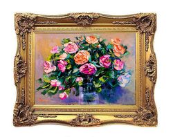 roses multicoloured flower bouquet vase oil painting impasto original artist svinar oksana