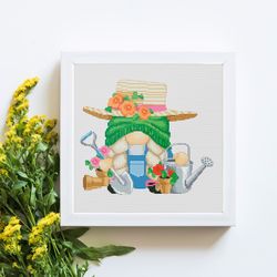 female gardener, cross stitch pattern, gnomes cross stitch,  floral cross stitch, garden cross stitch