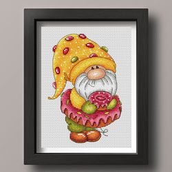 donut gnome cross stitch pattern pdf, donut cross stitch, yummy gnome, dessert cross stitch, sweets cross stitch