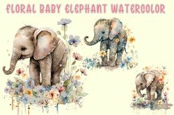 floral baby elephant watercolor