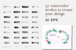 32 watercolor strokes and 3 additional brushes to create your design