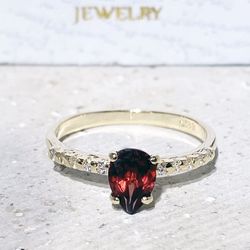 red garnet ring - january birthstone - stacking ring - gemstone ring - engagement ring - slim band - teardrop ring