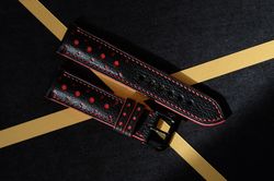 black and red watch band. handmade luxury watch accessory.  gift for him.