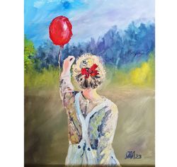 girl oil painting original little girl art red balloon art children art landscape small artwork wall art home decor