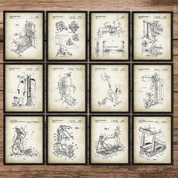 gym set of 12 patent prints, fitness posters,gym decor,bodybuilder gift,gym trainer gift,exercise poster