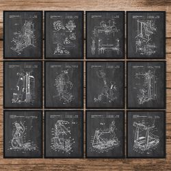 gym set of 12 patent prints, fitness posters,gym decor,bodybuilder gift,gym trainer gift,exercise poster