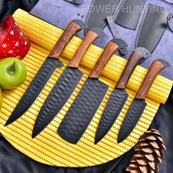 5 pc custom handmade hand forged black coated carbon steel chef set kitchen knives