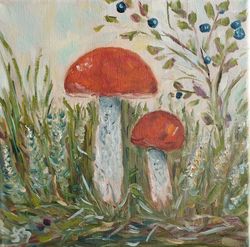 mushroom oil painting fungus original art country home decor boletus wall art farmhouse artwork forest painting