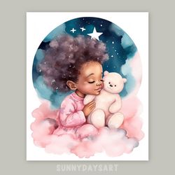 cute black girl poster, black baby girl sleeping with teddy bear, nursery decor, printable, watercolor art for girl room