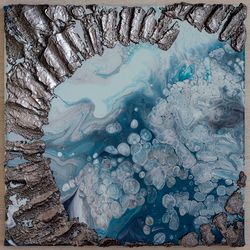 modern painting interior acrylic on canvas. sea foam seascape fluid art abstract painting blue ocean sea painting water