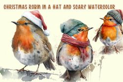 christmas robin in a hat and scarf watercolor