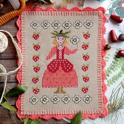 lady strawberry cross stitch pattern primitive cross stitch chart modern cross stitch instant download pdf pattern