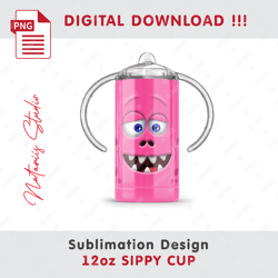 funny monster sublimation design - seamless sublimation pattern - 12oz sippy cup - full cup wrap