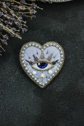 evil eye pin | witch heart brooch |sacred heart pin| embroidery beaded heart pin| magic heart brooch |witchcraft gift fo