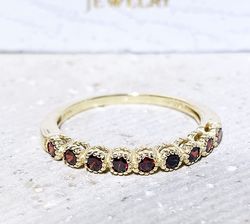 red garnet ring - january birthstone - stacking ring - gemstone band - gold ring - bezel ring - half eternity ring