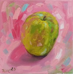 green apple painting, fruit still life oil painting, small etude, apple art, original fine art