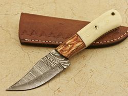 custom hand forged damascus custom bone/wood skinning hunting camping knife