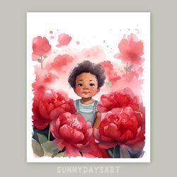 cute black girl poster, black baby girl with pink peonies, nursery decor, pink art, printable art, watercolor art