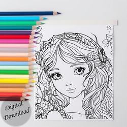 cute forest fairies, big-eyed girls, 10 coloring pages, digital download