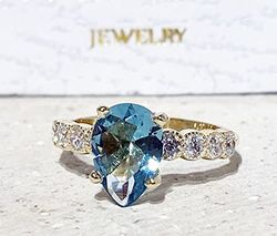 blue topaz ring - december birthstone - gemstone band - gold ring - engagement ring - teardrop ring - cocktail ring