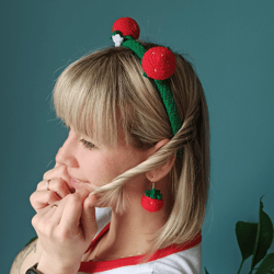 strawberry earrings. kawaii headbands. crochet strawberry plush jewerly. crochet breakfast.