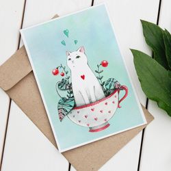 cute cat valentines digital postcard cat lover gift  cat lady wall decor desk decoration botanical art print