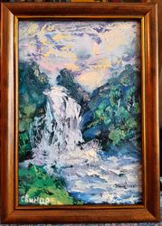 waterfall mountains sunset framed original art oil painting artist svinar oksana