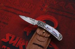 custom handmade damascus steel  deer hunting folding knife, best edc pocket knife with sheath