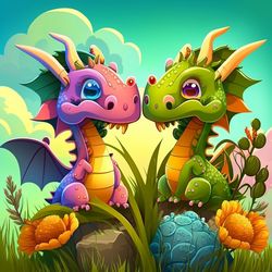 cute dragons playing in a field cartoon