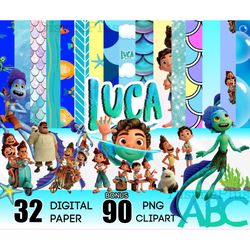 32 Luca Digital Paper, Mermaid Scales Font, Paper Pack, Luca Pattern, Silenzio Bruno, Luca Birthday Party, Luca Paguro G