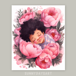 cute black girl poster, black baby girl sleeps in peony field, nursery decor, pink art, printable art, watercolor art