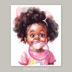 cute black girl poster, black baby girl blowing pink bubble gum, nursery decor, pink art, printable art, watercolor art