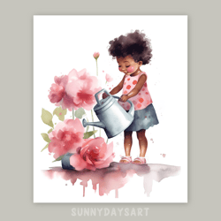 cute black girl poster, black baby girl watering pink peonies, nursery decor, pink art, printable art, watercolor art