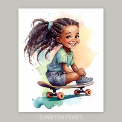 cute black girl poster, cute black girl skateboarding, nursery decor, printable art, watercolor art for girls room