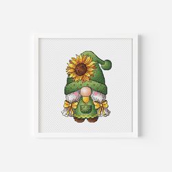 sunflower cross stitch pattern,gnome counted cross stitch pattern pdf,plant hand embroidery design,needlepoint digital