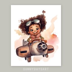 cute black girl poster, cute black girl pilot flies in an airplane, nursery decor, printable art, watercolor art