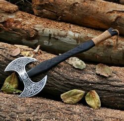 handmade double headed vikings axe, forged steel, double handed axe, leather wrapping, premium leather sheath