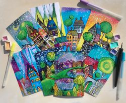 postcards set whimsical art colorful paintings miniature prints by rubinova