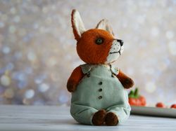 ooak red teddy fox in light green denim overalls