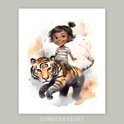 cute black girl poster, cute black girl rides a tiger, nursery decor, printable art, watercolor art for girls room