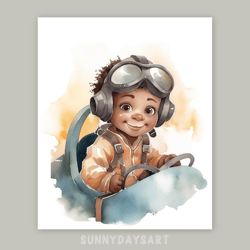 cute black boy poster, cute black boy pilot flies in an airplane, nursery decor, printable art, watercolor art