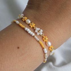 yellow daisy bracelets set flower seedbeaded bracelet pearl cute jewellery summer bright jewelry beach jewels