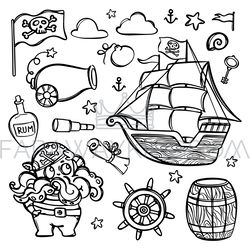 octopus pirate and ship monochrome clipart illustration set