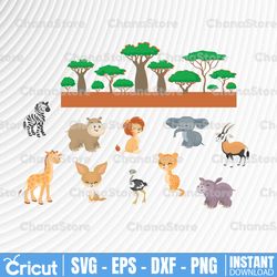 baby safari animals and plant clipart, baby lion svg, cute giraffe clip art, jungle animals printable wall art, digital