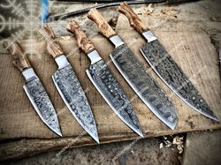 5 pc custom handmade hand forged black coated carbon steel chef set kitchen knives