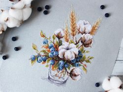 completed cross stitch cotton and blueberries, finished cross stitch picture, cross stitch floral design, modern xstitch