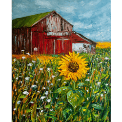 sunflower painting landscape original art impressionist art impasto painting barn painting 20"x16" by kseniadeartgallery